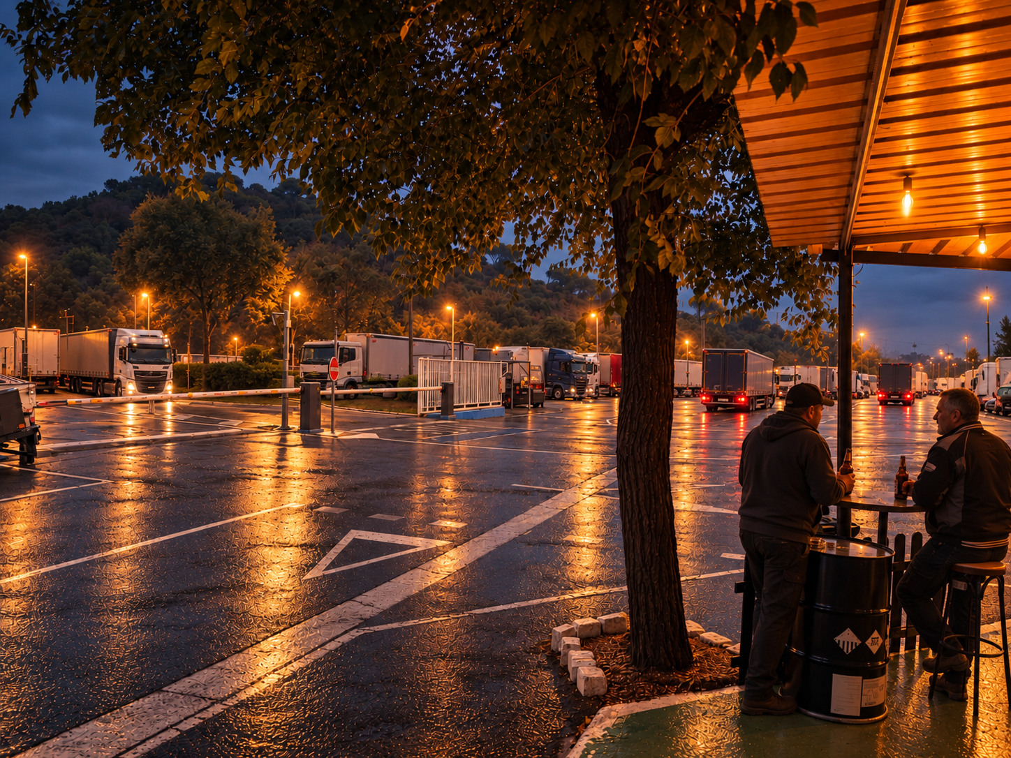 Parking de camiones de Santa Coloma de Gramenet al anochecer, el lugar donde nació Ricky Brown & the Truckers